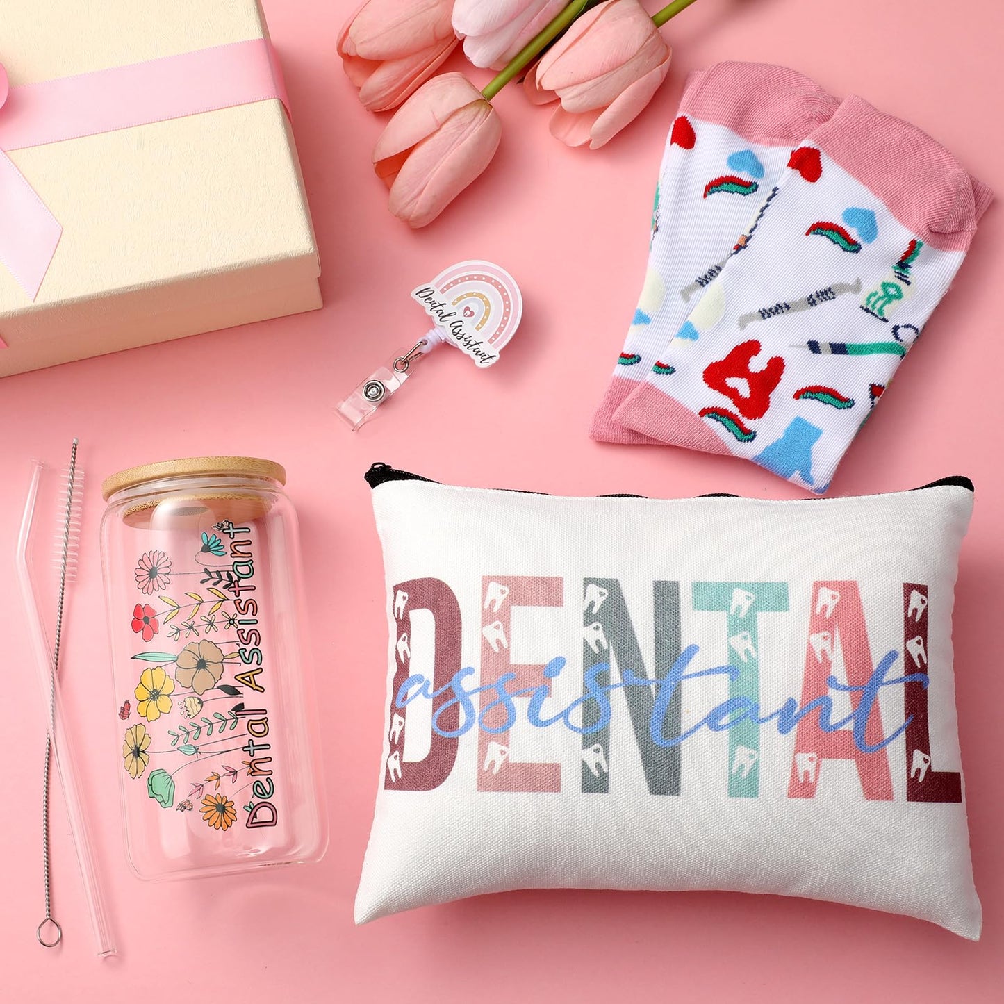 Skylety 5 Pcs Dental Assistant Gifts Women Dentist Gift 16oz Cup Socks Cosmetic Bag Badge Holder Dental Hygienist Appreciation Gift Box for Dentals Assistant Accessories Birthday Graduation