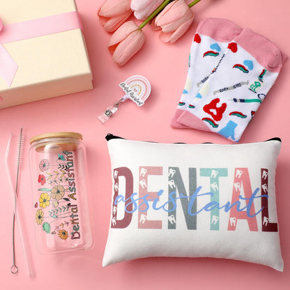 Skylety 5 Pcs Dental Assistant Gifts Women Dentist Gift 16oz Cup Socks Cosmetic Bag Badge Holder Dental Hygienist Appreciation Gift Box for Dentals Assistant Accessories Birthday Graduation