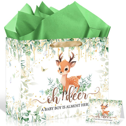 Deer Baby Shower Bag Decorations for Boys Oh Deer Gift Wrap Bag with Wrapping Paper Card Woodland Party Favors A Baby Boy Is Almost Here Goodie Bags for Newborn Kids Birthday Gender Reveal Supplies
