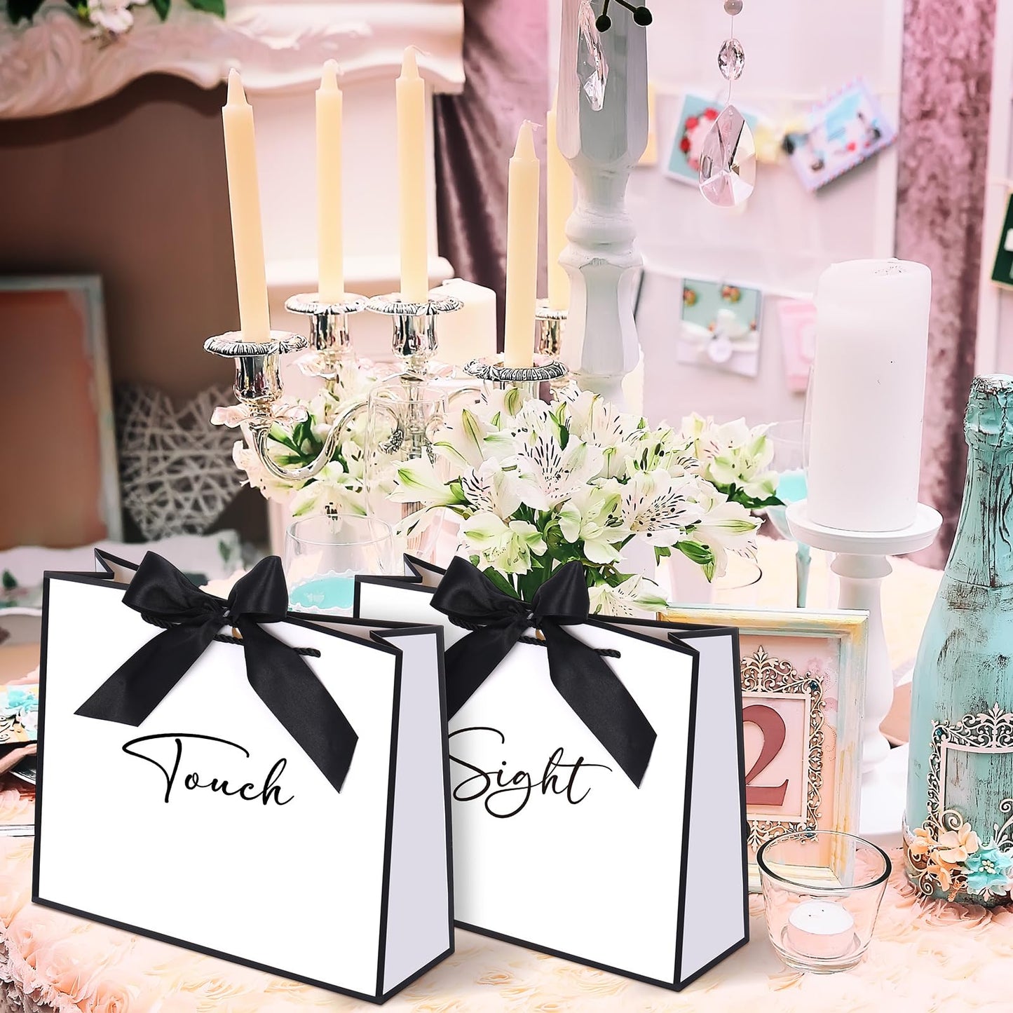 Sweetude 5 Pcs Senses Gift Bags for Him and Her 11.8 x 9.8x 3.9'' Elegant Thank You Paper Gift Bags with Handles and Bow Ribbon for Wedding Bridesmaid Groomsmen Gifts Birthday Baby Shower(White)