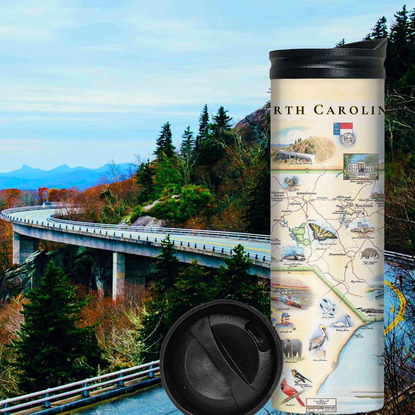 Xplorer Maps North Carolina Map 16 Oz Travel Drinkware with Spill-Resistant Lid - Stainless Steel Vacuum Insulated Coffee Tumbler