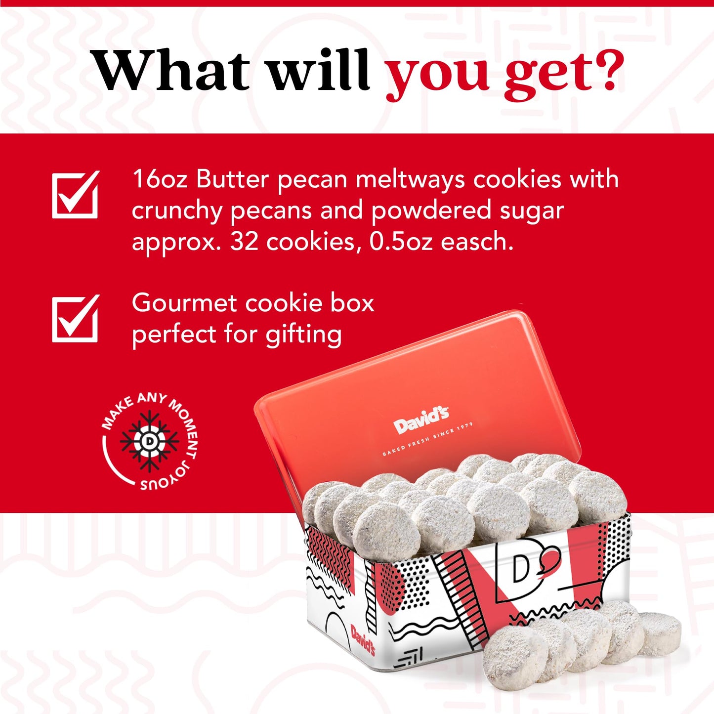David's Cookies Butter Pecan Meltaways Sweet Sampler Tin - Butter Cookies with Crunchy Pecans, Soft, And Melt In Your Mouth Flavorful Cookies - Delicious Gourmet Food Gift For All Occasions 16oz