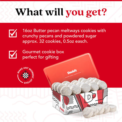 David's Cookies Butter Pecan Meltaways Sweet Sampler Tin - Butter Cookies with Crunchy Pecans, Soft, And Melt In Your Mouth Flavorful Cookies - Delicious Gourmet Food Gift For All Occasions 16oz