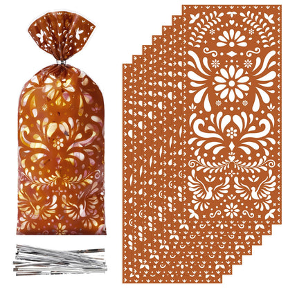 Funrous 100 Pcs Cielito Lindo Candy Bags Mexican Fiesta Gift Bags with Twist Ties Cinco De Mayo Party Favors Barro Candy Sack Talavera Sack for Mexican Wedding Fiesta Party Supplies(Brown)