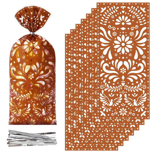Funrous 100 Pcs Cielito Lindo Candy Bags Mexican Fiesta Gift Bags with Twist Ties Cinco De Mayo Party Favors Barro Candy Sack Talavera Sack for Mexican Wedding Fiesta Party Supplies(Brown)