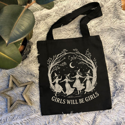 Girls Will Be Girls Witchy Canvas Tote Bag– Aesthetic Witchy Gifts for Women, Cute Spooky Reusable Travel Tote, Witch Inspired Canvas Gift, Black