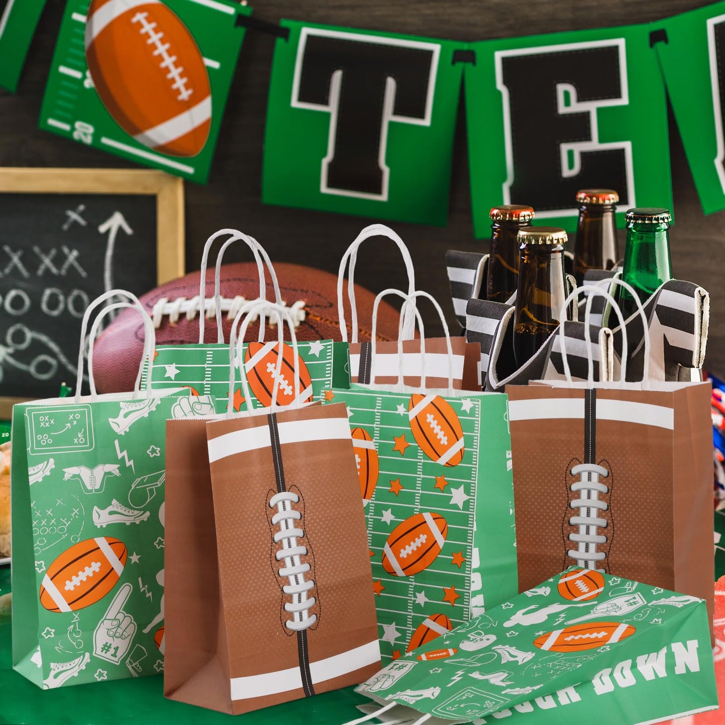 Hianjoo 16 Pcs Football Goodie Bags, Football Party Favor Bag Gift Snack Treat Bag with Handle, Football Themed Paper Candy Bags for Teen and Adult Birthday Party Decorations Supplies