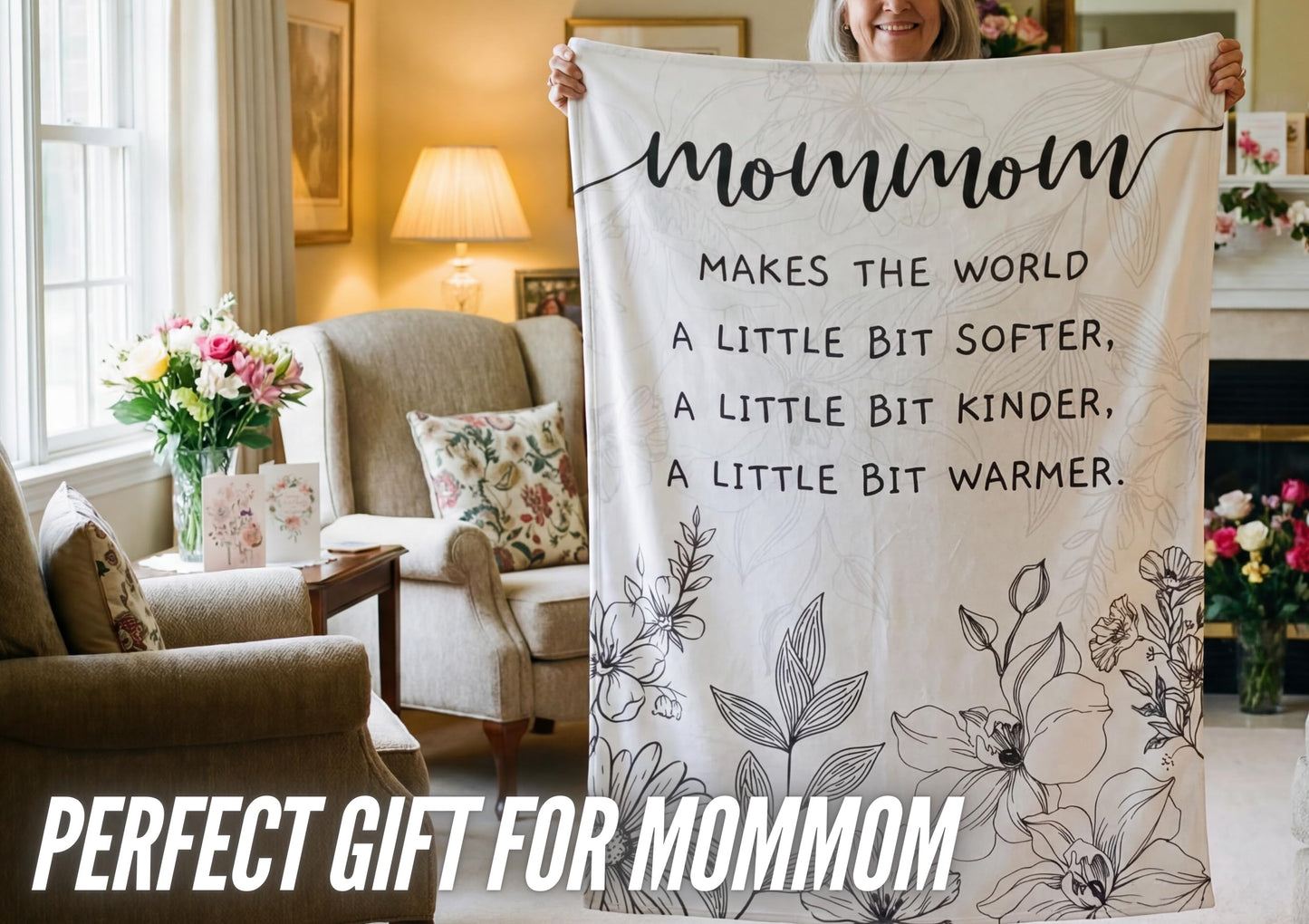 InnoBeta Mommom Gifts, Grandma Gifts for Mommom, Flannel Throw Blankets on Mother's Day, Christmas, Birthday, 50" x 65", Beige Flowers