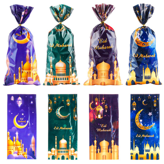 LERCTH 50 PCS Ramadan Eid Mubarak Gift Bags with Gold Twist Ties - 4.9x10.7 Inch Metallic Foil Treat Bags, Moon Star Design Party Favor Bags for Islamic Holiday Celebrations