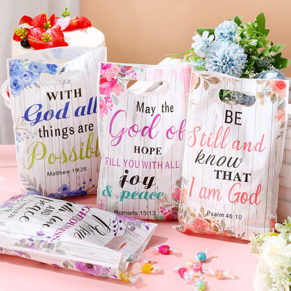 Pasimy 100 Pcs Christian Gift Bags Mother's Day Religious Bible Floral Plastic Bags with Handles Christian Bible Party Favor Pouch Inspirational Flower Candy Goodie Pouch for Women Wedding Church Gift