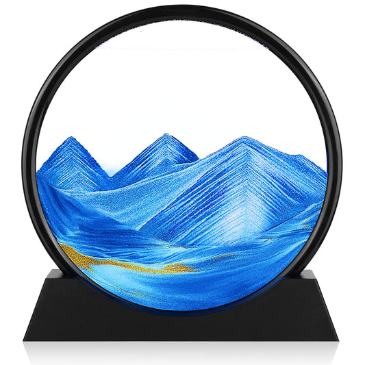 Moving Sand Art Picture - 3D Quicksand Painting Decor - Round Glass 3D Deep Sea Sandscape - Relaxing Decoration for Home,Office,Desk,Mantle,Bookshelf,Room- (Blue, 7 in)
