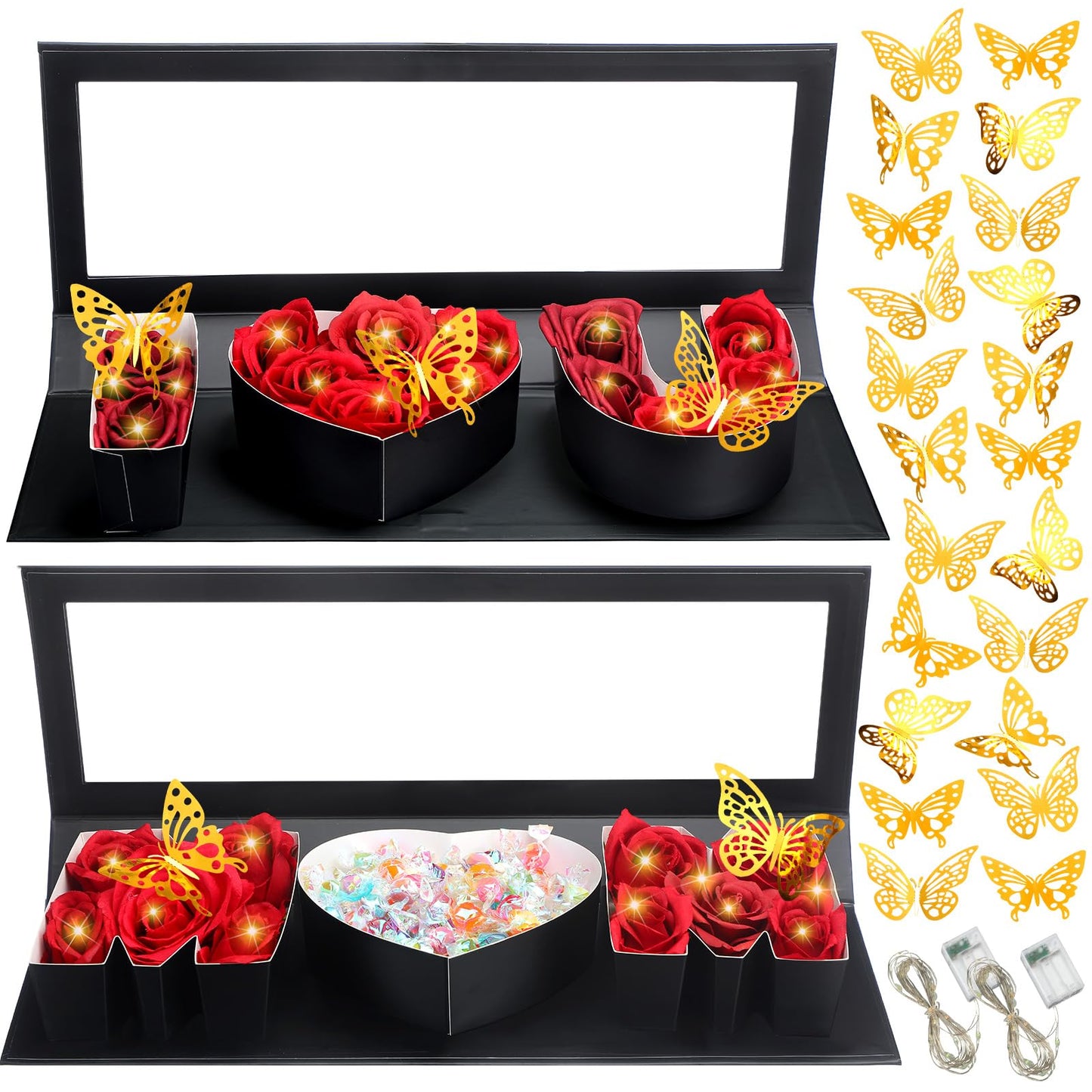 Vertintong 2 Sets Mother's Day Gift Empty Mom Fillable Flower Gift Boxes I Love U Cardboard Letter Shaped Fillable Packaging Box with 24 Pcs Gold Butterfly Decoration for Mother's Day Birthday(Black)