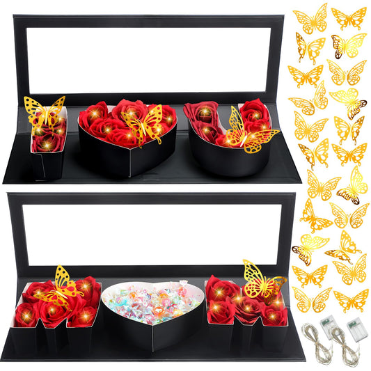 Vertintong 2 Sets Mother's Day Gift Empty Mom Fillable Flower Gift Boxes I Love U Cardboard Letter Shaped Fillable Packaging Box with 24 Pcs Gold Butterfly Decoration for Mother's Day Birthday(Black)