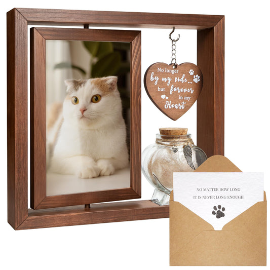 Cat Memorial Gifts for Loss of Cat - Rotating Wooden Frame for 4x6 Photo & Fur Hair Jar - Sympathy Gift for Pet Bereavement, Remembrance Keepsake - Rainbow Bridge Gift for Cat Lovers