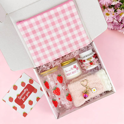 Strawberry Gifts for Women – 8 PCS Aesthetic Stuff Set for Her - Cute Birthday Gifts for Friends - Strawberry Accessories Set Includes Coffee Cup for Galentines Valentines