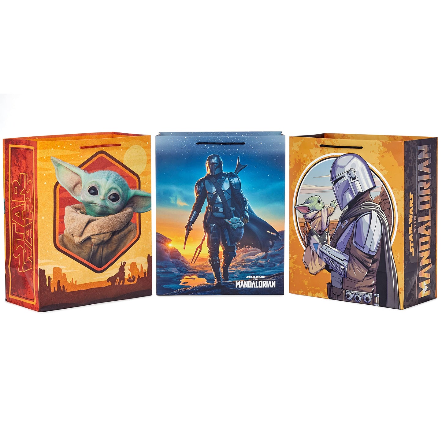 Hallmark Star Wars The Mandalorian 13" Large Gift Bag Bundle (3 Bags: Baby Yoda, The Mandalorian, Grogu) for Birthdays, Christmas, Father's Day, May the 4th