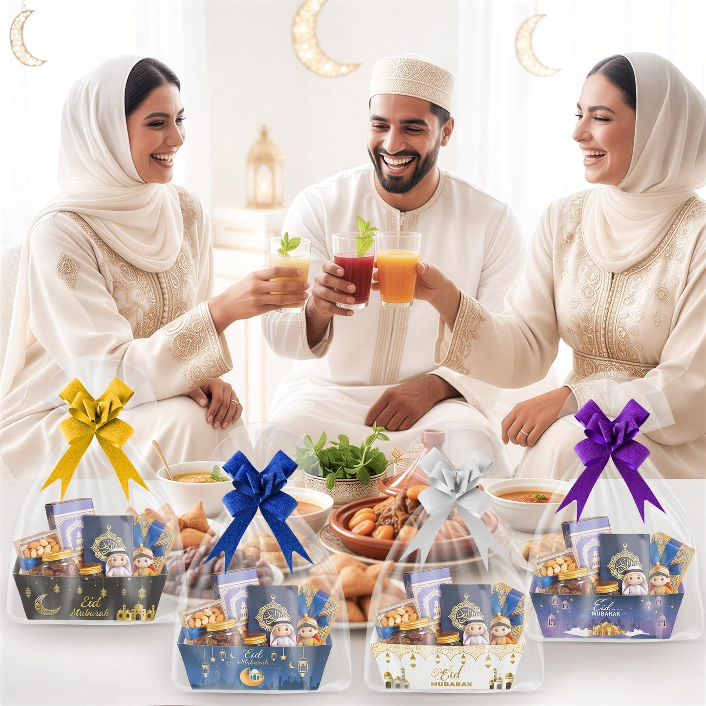 OSNIE Eid Mubarak Gift Bag Empty Baskets - 24 Sets Islamic Eid Gold Lantern and Moon Party Gift Baskets Empty with Cellophane Bags and Ribbons Bows for Festivals Holiday Business Carnival (4 Styles)