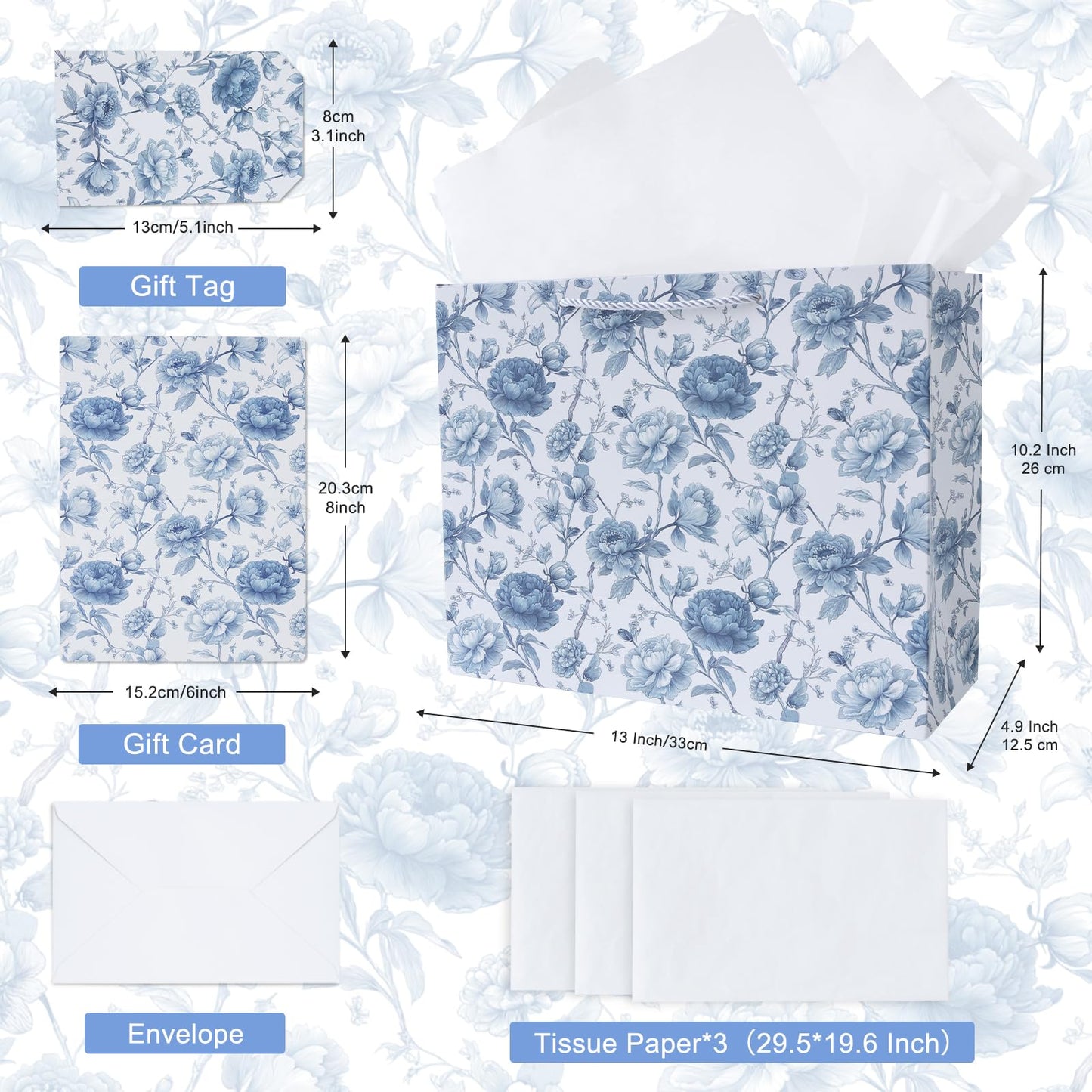 JAYTEM Bridal Shower Gift Bag, 13" Blue and White Large Wedding Gift Bag with Tissue Paper Greeting Card Tag Envelope, Chinoiserie Peony Floral Elegant Gift Bags for Women, Anniversary, Mother's Day, Birthday, Christmas