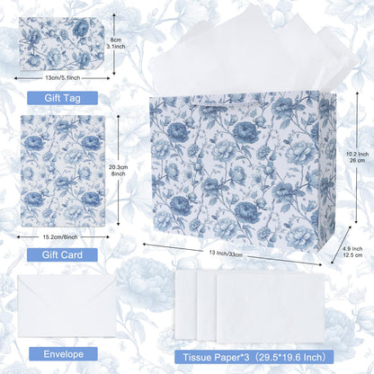 JAYTEM Bridal Shower Gift Bag, 13" Blue and White Large Wedding Gift Bag with Tissue Paper Greeting Card Tag Envelope, Chinoiserie Peony Floral Elegant Gift Bags for Women, Anniversary, Mother's Day, Birthday, Christmas