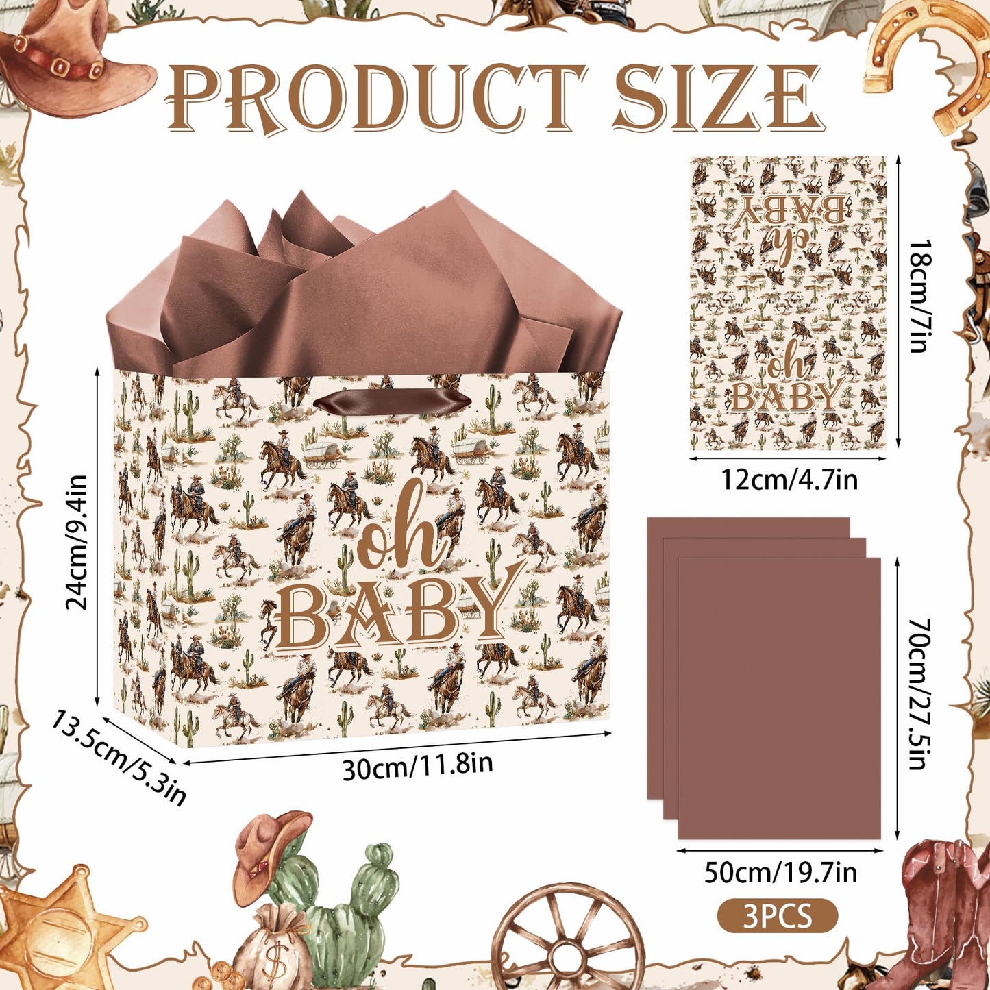 Woosytoo Cowboy Baby Gift Bag with Card Tissue Papers, Western Rodeo Baby Shower Wrapping Paper Bag Wild West Horse Present Bags for Newborn Congratulations Gifts Gender Reveal Party Favors