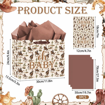 Woosytoo Cowboy Baby Gift Bag with Card Tissue Papers, Western Rodeo Baby Shower Wrapping Paper Bag Wild West Horse Present Bags for Newborn Congratulations Gifts Gender Reveal Party Favors