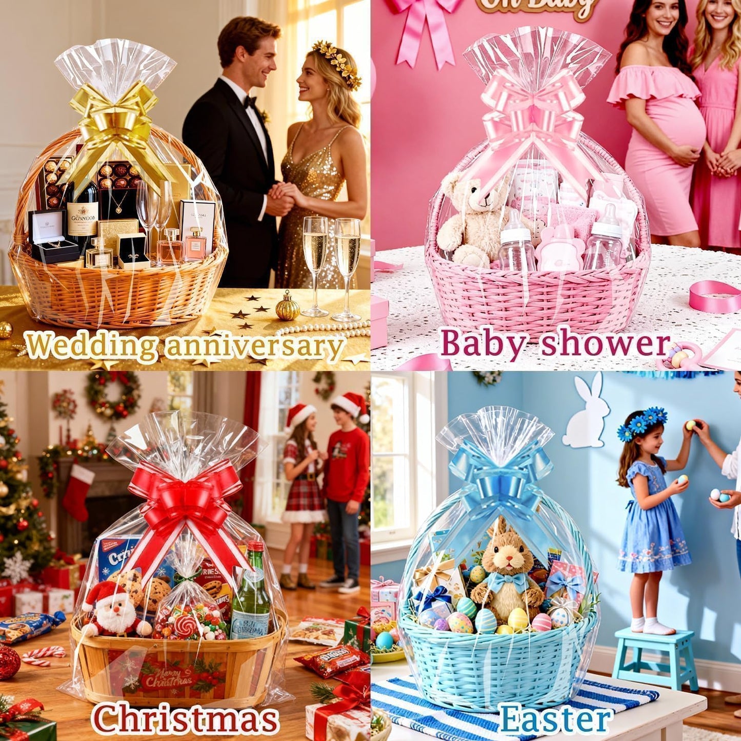 PigPotParty 10 Pack 24x30 Inch Large Cellophane Bags for Gift Baskets, Thick Clear Plastic Basket Wrap, Includes 10 Large Gold Pull Bows