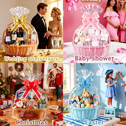 PigPotParty 10 Pack 24x30 Inch Large Cellophane Bags for Gift Baskets, Thick Clear Plastic Basket Wrap, Includes 10 Large Gold Pull Bows