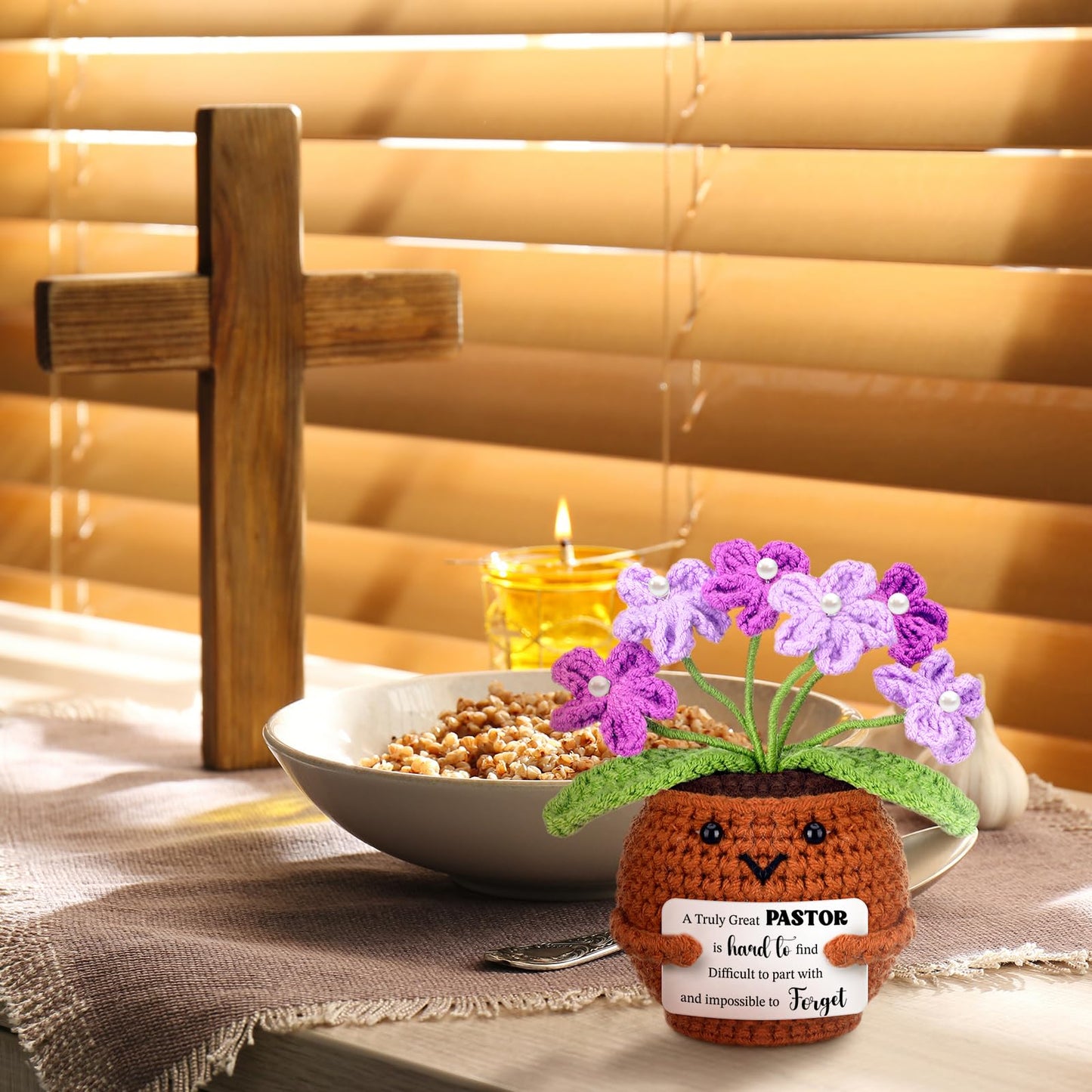 VitalCozy 5.12 Inch Pastor Appreciation Gift for Women Handmade Crochet Forget Me Not Flowers with Thank You Cards A Truly Pastor is Hard to Find Unique Gifts for Pastors Christmas Birthday