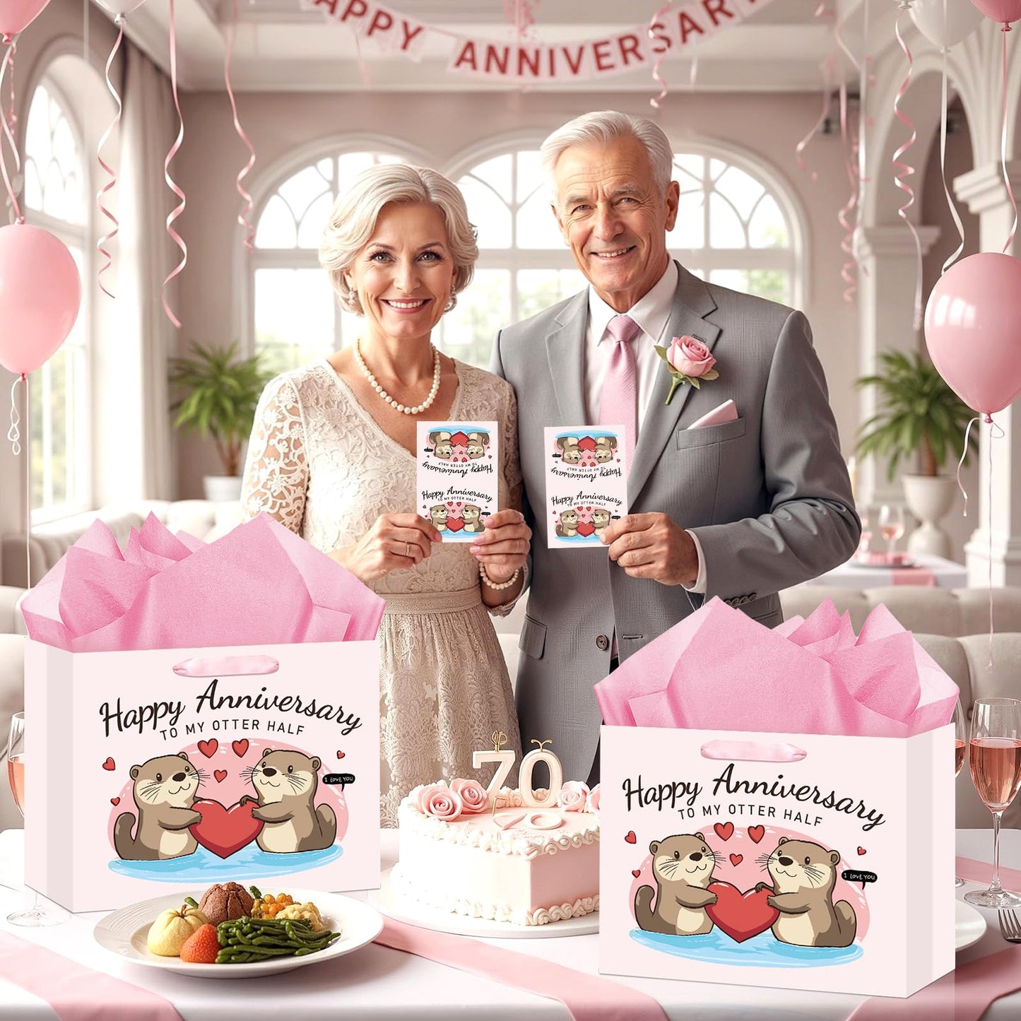 Anniversary Party Gift Bag Pink Wedding Gift Wrap Bag with Happy Anniversary Card and Wrapping Paper Cute Otter Couple Paper Bag for Him Her Women Men Valentine Anniversary Party Decorations Supplies
