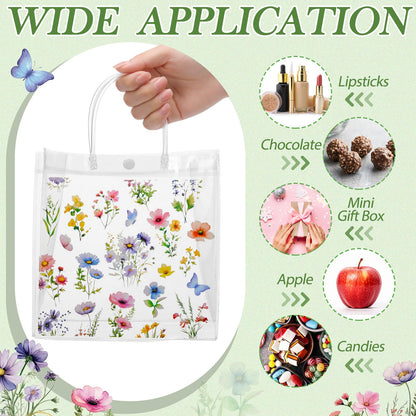 Resholder 24 Pcs Spring Floral Clear Gift Bags Wildflowers Goodie Bags with Handle 8 x 8 x 3.15 Inch Return Gift Wrap Tote for Guests Birthday Bridal Shower Wedding Tea Spring Summer Party Supplies