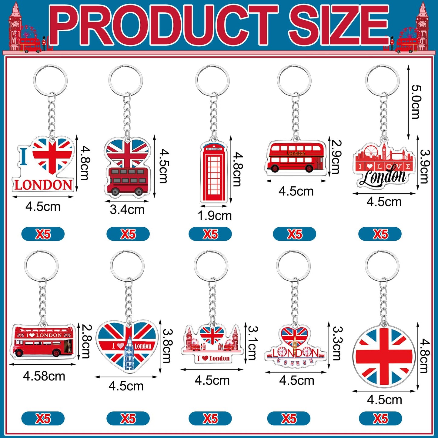 50 Pcs London Souvenirs Acrylic Keychain Gifts Bulk London Keychain Bus Telephone Booth British Flag Travel Souvenirs