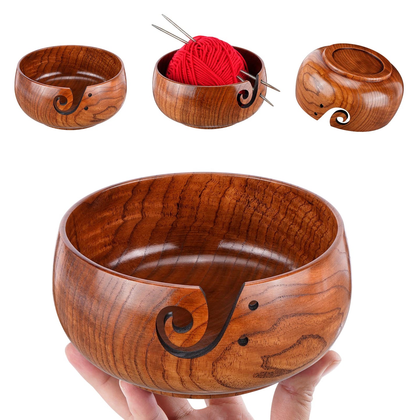 Wooden Yarn Bowl, Knitting Yarn Bowl with Holes Storage Handmade to Prevent Slipping, Perfect Yarn Bowl for Crocheting and Knitting Mothers Day Gift 6" x 3"