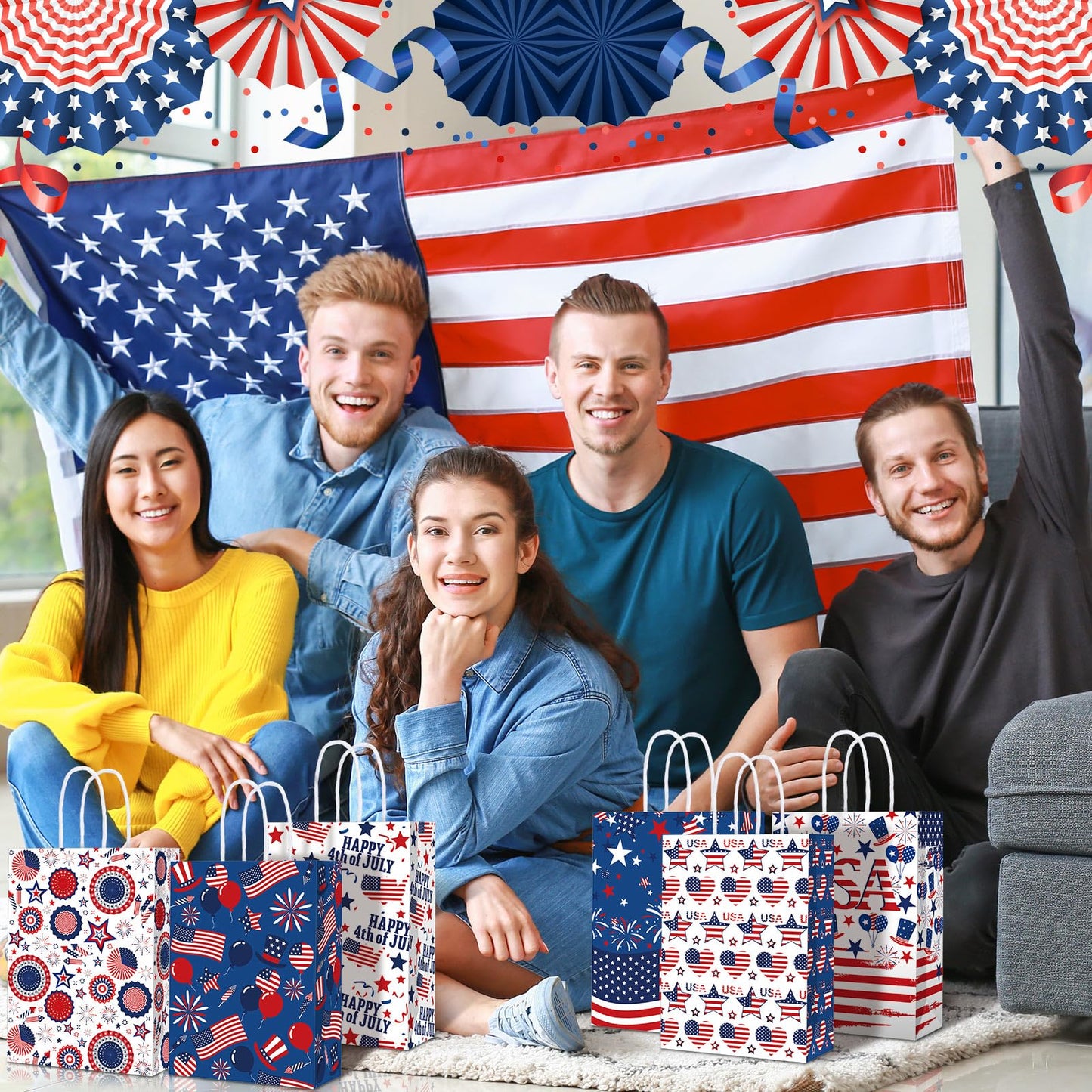 Glenmal 24 Pcs 4th of July Gift Bags with Handle Patriotic Red Blue White Gift American Flag Paper Candy Treat Goodie Bags for Wrapping Memorial Day Independence Day Party Favor