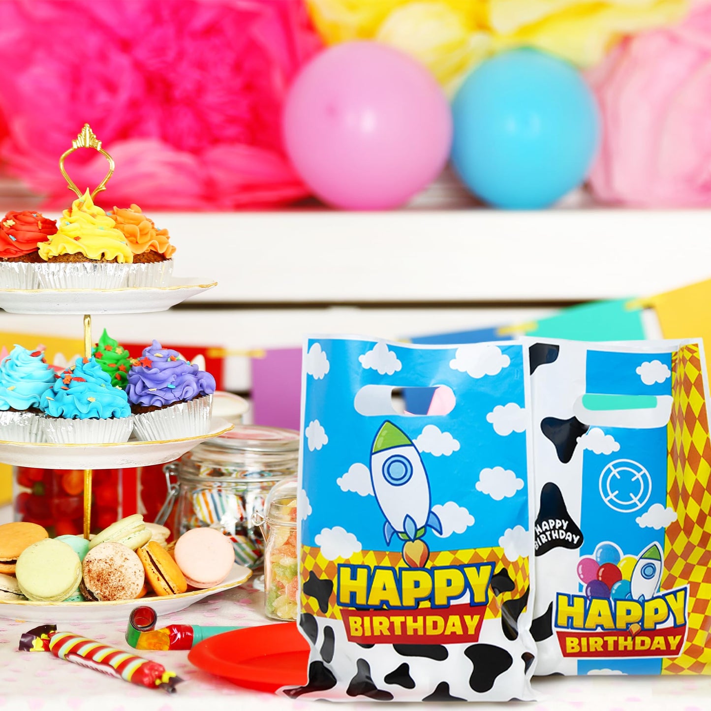 CHENRINDECO 50Pcs Cartoon Story Goodie Bags Cow Pattern Birthday Party Favor Bags Blue Sky White Cloud Plastic Bags with Handle for Toy Themed Birthday Party Supplies