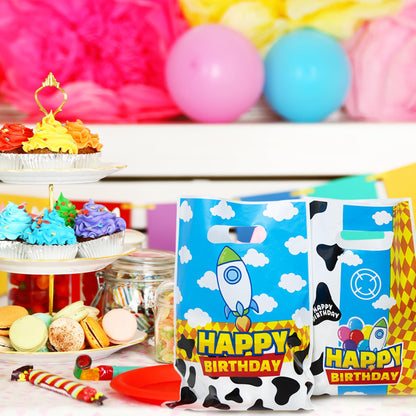 CHENRINDECO 50Pcs Cartoon Story Goodie Bags Cow Pattern Birthday Party Favor Bags Blue Sky White Cloud Plastic Bags with Handle for Toy Themed Birthday Party Supplies