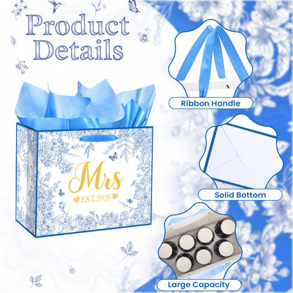 Woosytoo EST 2026 Mrs Bride Gift Bag Blue Bridal Shower Gift Bag with Tissue Paper and Card Mrs 2026 Wedding Gift Bag for Butterfly Bridal Shower Bachelorette Party Engagement Decor Supplies