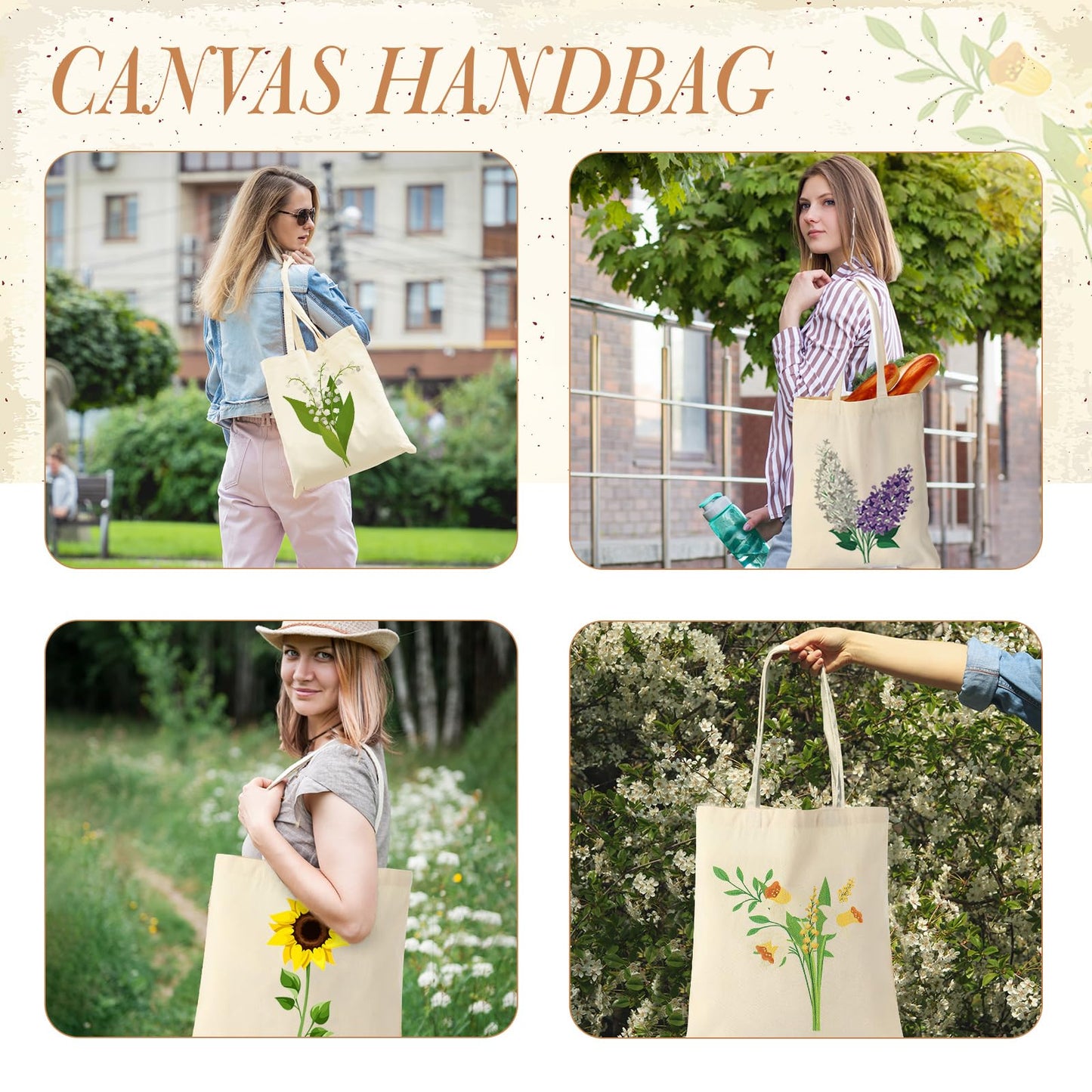 Shinylin 12 Pcs Floral Canvas Tote Bags Bulk Reusable Flower Tote Bags Book Club Gift Totes for Birthday Teacher Mother Women Gift (12 Classic Flowers)