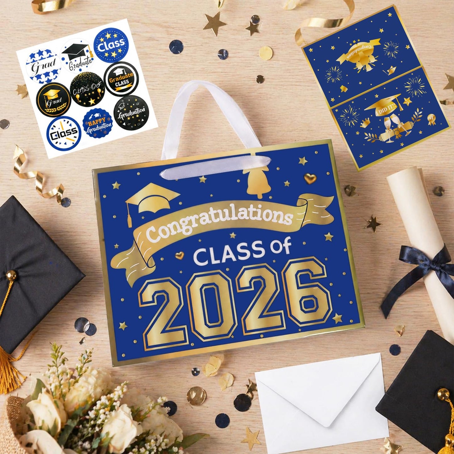 Konsait 13" Large Graduation Gift Bags, Blue Class of 2026 Graduation Bags with Tissue Paper and Greeting Card for Gift Wrapping, Celebrations, Parties & More