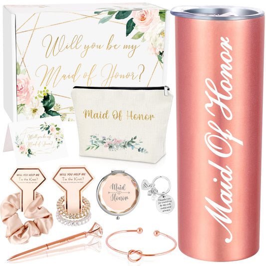 HombaChyco Maid of Honor Gift Box - Will You Be My Maid of Honor Proposal Box for Bridal Party, Wedding or Bachelorette Party, 20oz Wine Tumbler Gift Set