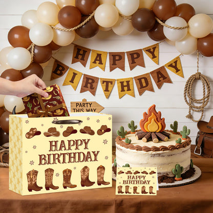 Cowboy Birthday Gift Bag Western Rodeo Baby Shower Gifts Bag with Tissue Paper Card Brown Cowboy Boots Wrapping Paper Bag for Boy Men Adult Birthday First Rodeo Western Theme Party Favor Decoration