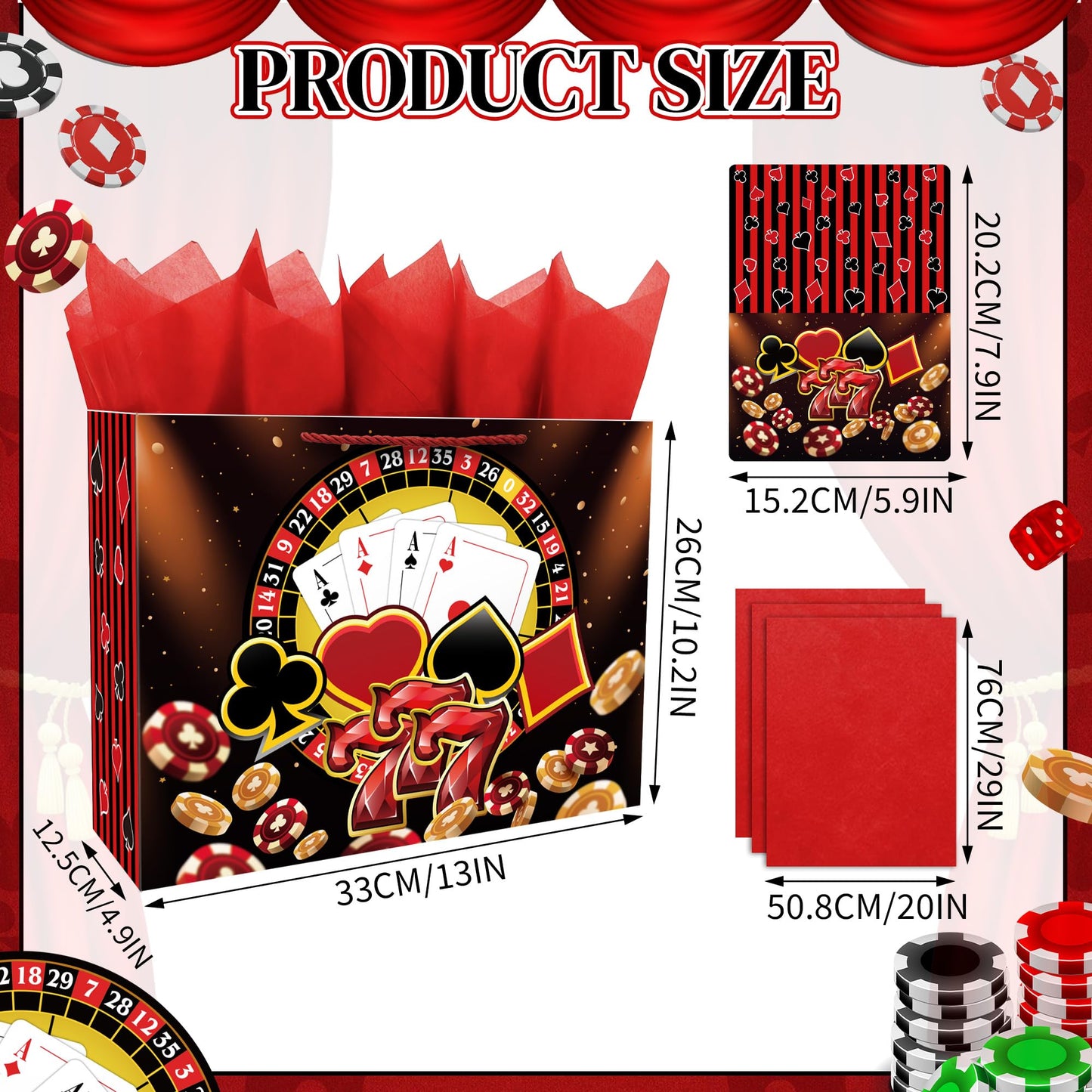 Xustanina 13" Large Casino Birthday Gift Bag (Includs Card, Tissue Paper, Envelope and Stickers), Poker-Themed Gift Bag, Las Vegas Birthday Party Supplies for Men and Women