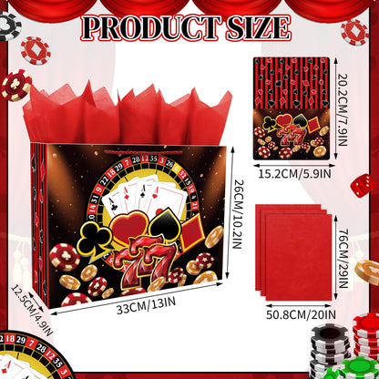 Xustanina 13" Large Casino Birthday Gift Bag (Includs Card, Tissue Paper, Envelope and Stickers), Poker-Themed Gift Bag, Las Vegas Birthday Party Supplies for Men and Women