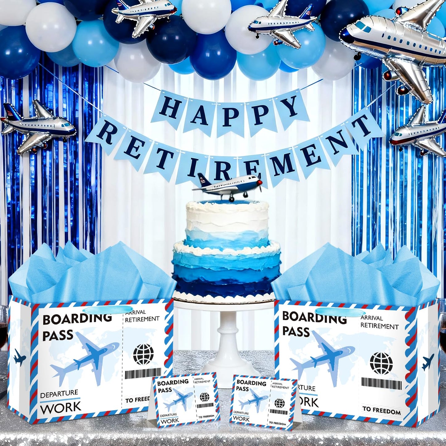 Funny Retirement Gift Bag Large Blue Retirement Gift Wrapping Paper Bag with Tissue Paper Greeting Card Going Away Party Favors Bag for Men Women Office Coworker Farewell Party Supplies Decorations