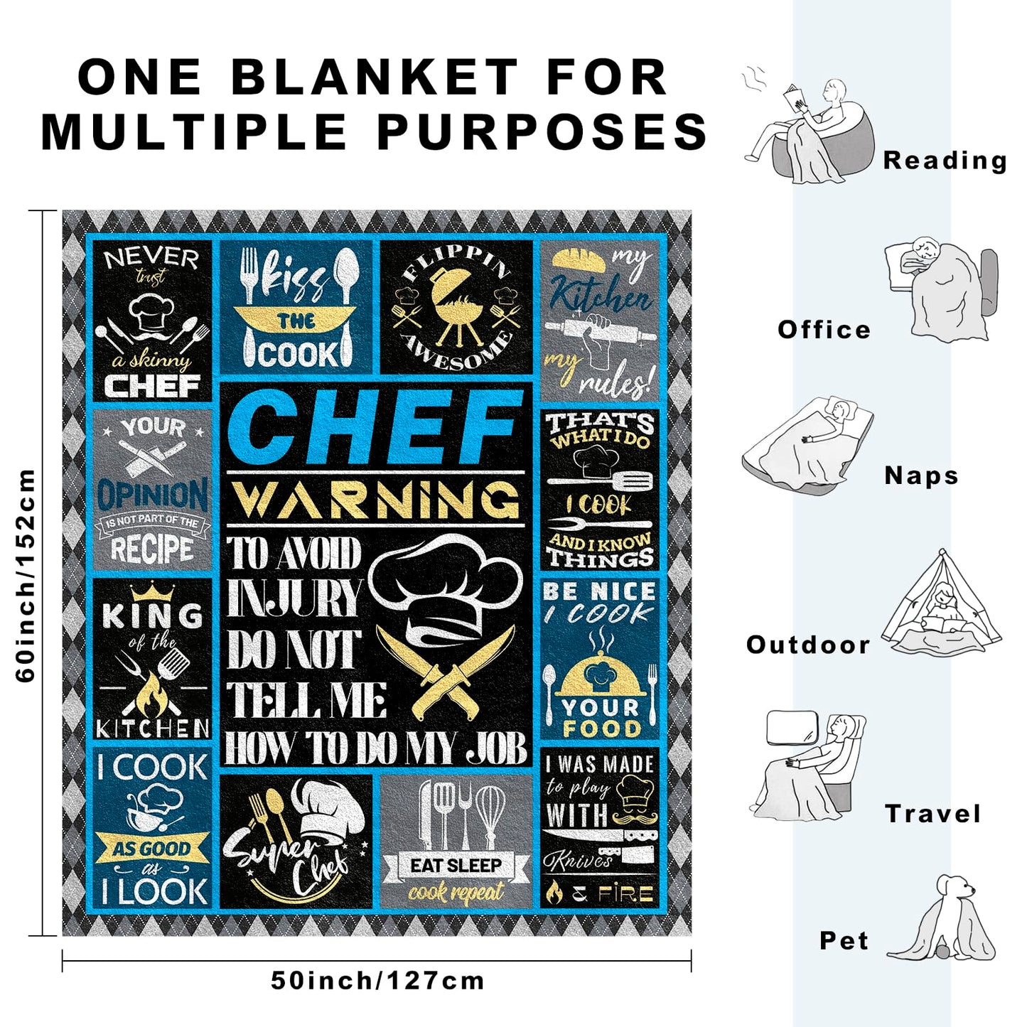 Chef Gifts for Men Blanket 60"x50", Cooking Gifts for Men, Gift for Chefs Man, Gift for Cooking Lovers, Presents for Mens Cooks, Gifts for People Who Like to Cook