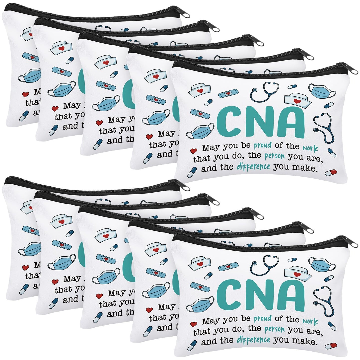 10 Pcs Happy CNA Week Gifts Bulk Cosmetic Bag Nursing Assistant Appreciation Makeup Bag for Nurses Women