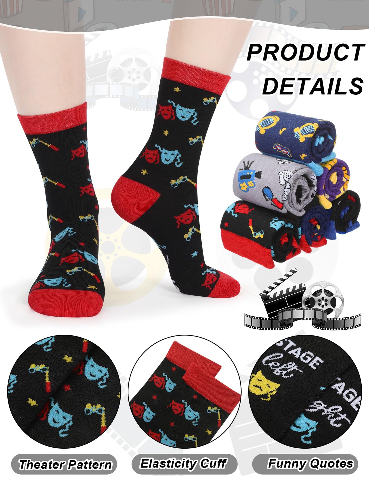 8 Pairs Funny Theater Socks Gifts for Men Women Novelty Drama Broadway Casual Crew Socks Theater Lover Gifts for Birthday Christmas