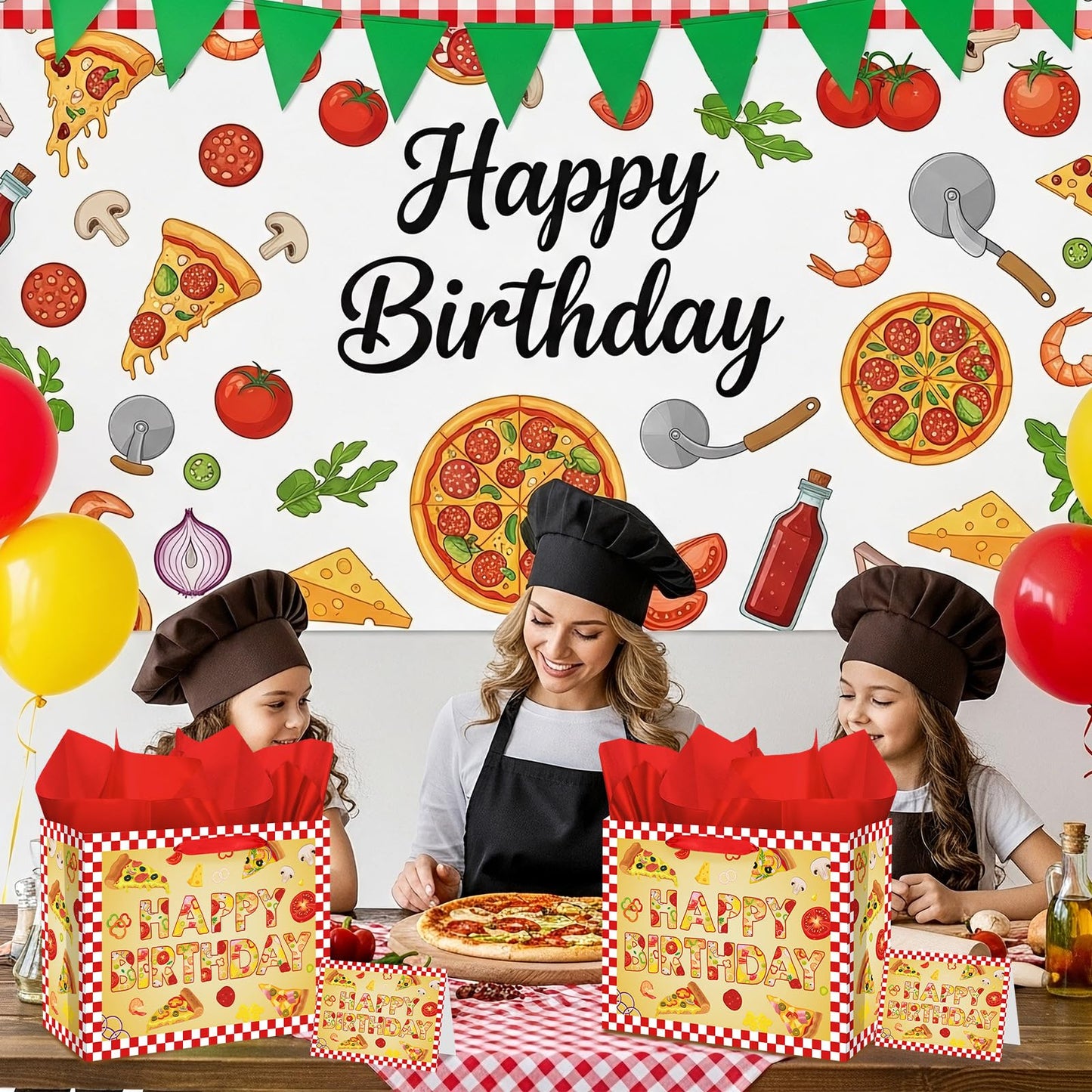 Woosytoo Pizza Birthday Decorations Bag Large Pizza Happy Birthday Paper Bag with Tissue Paper Card Pizza Bday Party Supplies for Kids Festival Bday Cooking Italy Theme Party Supplies