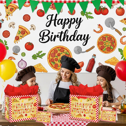 Woosytoo Pizza Birthday Decorations Bag Large Pizza Happy Birthday Paper Bag with Tissue Paper Card Pizza Bday Party Supplies for Kids Festival Bday Cooking Italy Theme Party Supplies