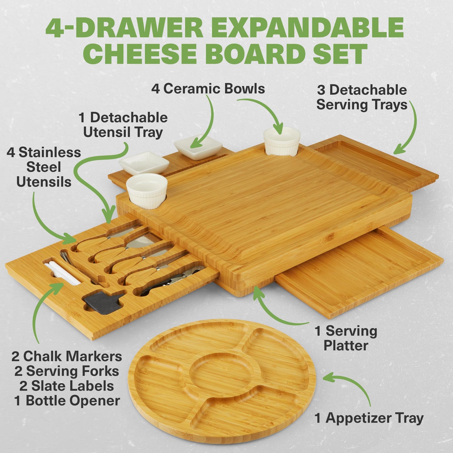 Dynamic Gear Charcuterie Board with Pull Out Drawers - Expandable Bamboo Cheese Board Set with Utensils, Bowls, Serving Trays, Utensil Drawer, and Appetizer Tray - Chic Charcuterie Boards with Drawers