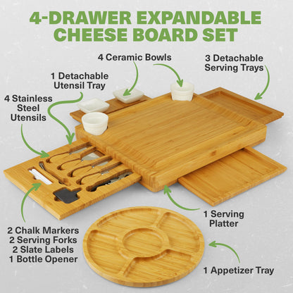 Dynamic Gear Charcuterie Board with Pull Out Drawers - Expandable Bamboo Cheese Board Set with Utensils, Bowls, Serving Trays, Utensil Drawer, and Appetizer Tray - Chic Charcuterie Boards with Drawers